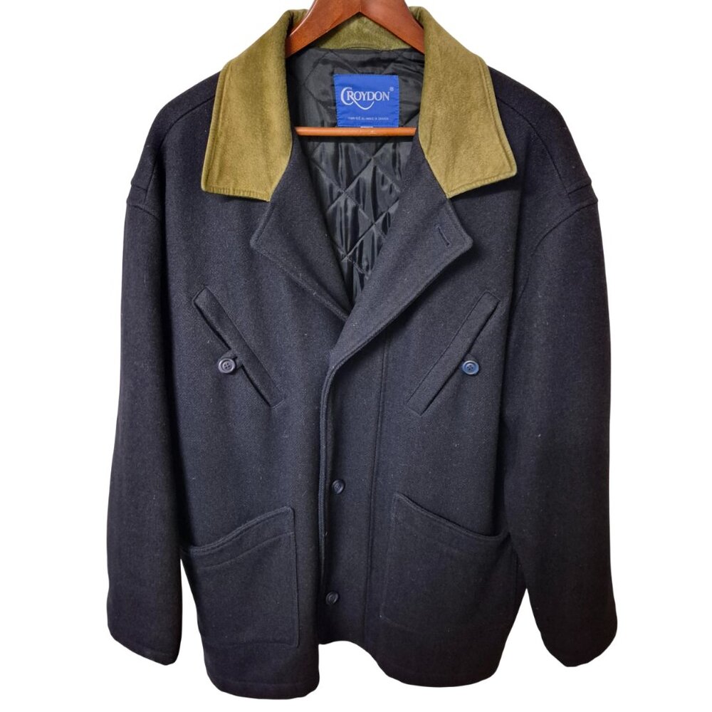 Vintage Croydon Wool Car Coat Made in Canada Suede Collar XL 44R